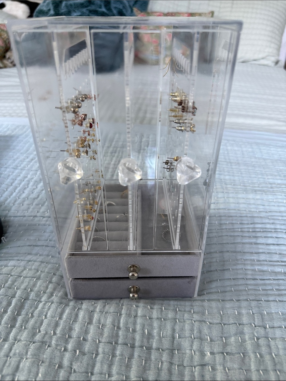 Clear Acrylic Jewelry Organizer with Gray Velvet Drawers - Holds Earrings